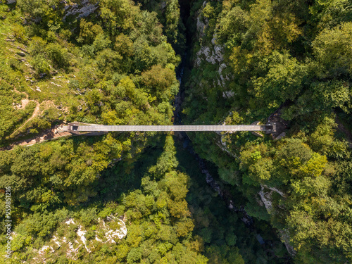 Pasarela de madera en el Pirineo Frances a vista de drone photo