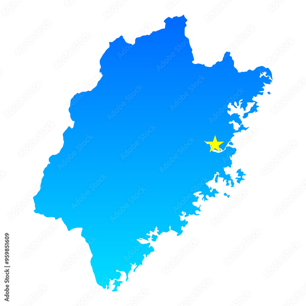 Map of Fujian with its capital Fuzhou in China with a professional blue style