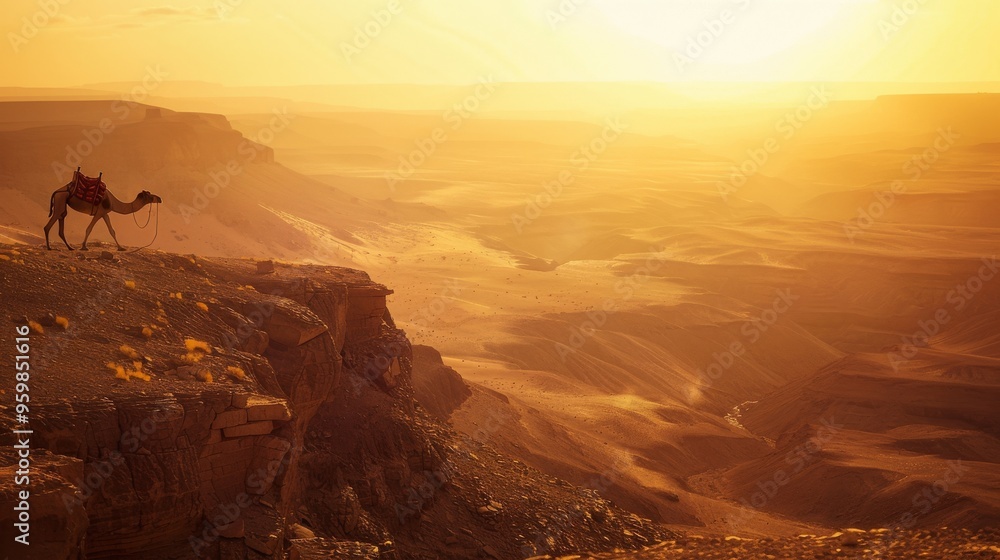 Naklejka premium Against the backdrop of a glowing desert sunset, a lone camel traverses a vast, golden-hued landscape, evoking a sense of adventure and tranquility.