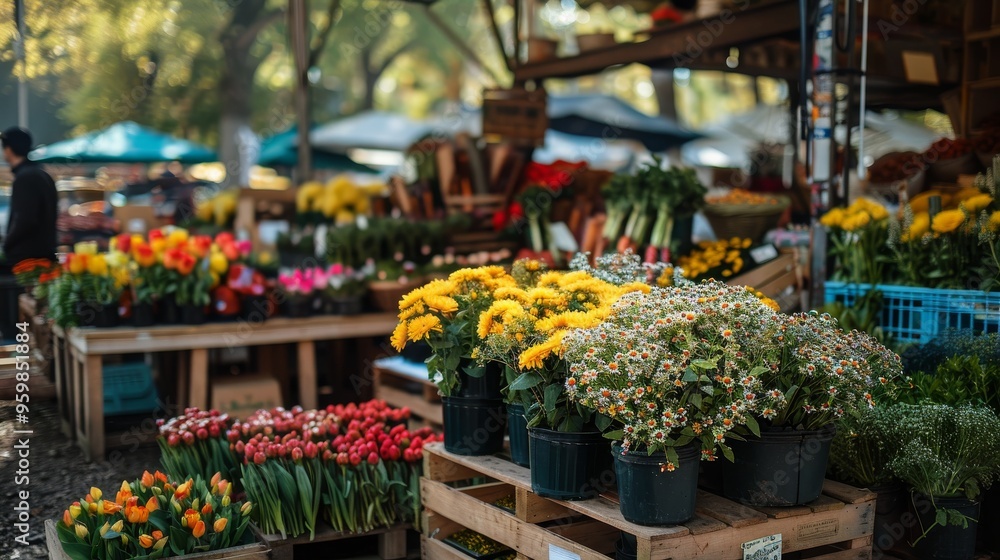 Fototapeta premium A Colorful Farmers Market Filled with Fresh Flowers and Lively Stalls in Bright Sunshine