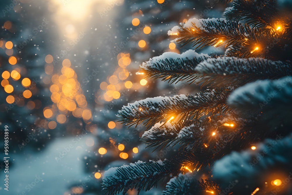 Snow-Covered Pine Forest with Twinkling Christmas Lights Snow-Covered Pine Forest with Twinkling Christmas Lights