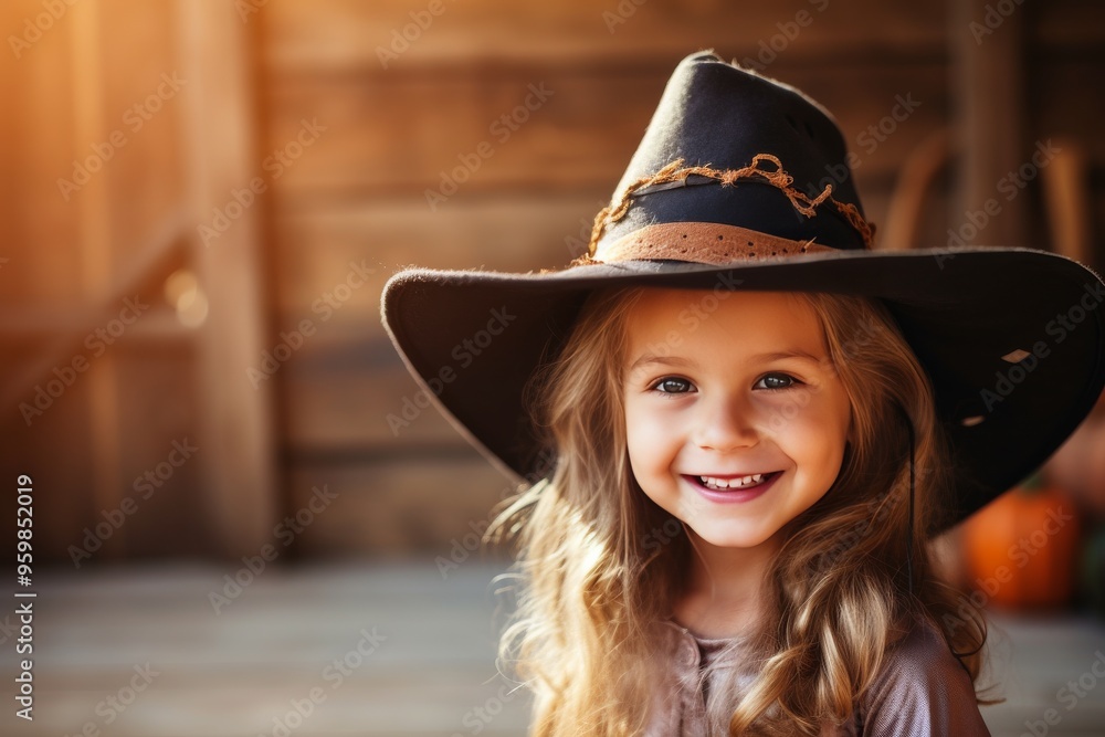 Young girl wearing a large hat smiles warmly while standing in a rustic wooden setting Young girl wearing a large hat smiles warmly while standing in a rustic wooden setting
