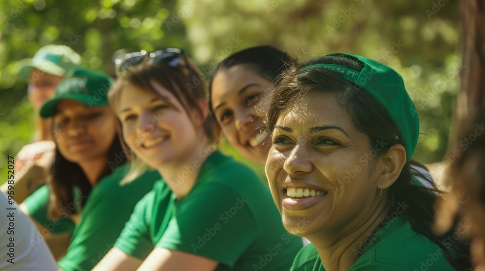 Volunteers in green shirts sit together, sharing smiles and stories under the shade of trees, fostering a sense of community and mutual support. Volunteers in green shirts sit together, sharing smiles and stories under the shade of trees, fostering a sense of community and mutual support.