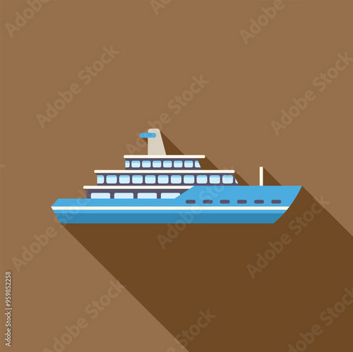 Large passenger ferry boat sailing on the sea, side view, flat design icon with long shadow