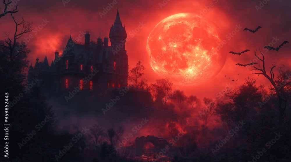 Creepy Gothic Castle with a Blood-Red Full Moon and Bats Flying at Dusk, Ideal for Horror and Halloween-Themed Visuals Creepy Gothic Castle with a Blood-Red Full Moon and Bats Flying at Dusk, Ideal for Horror and Halloween-Themed Visuals