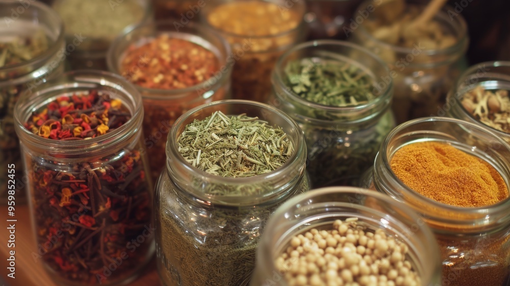 A vibrant display of various spices in clear glass jars, showcasing an array of colors and textures. The image captures the rich diversity of culinary ingredients, perfect for cooking and food-related A vibrant display of various spices in clear glass jars, showcasing an array of colors and textures. The image captures the rich diversity of culinary ingredients, perfect for cooking and food-related