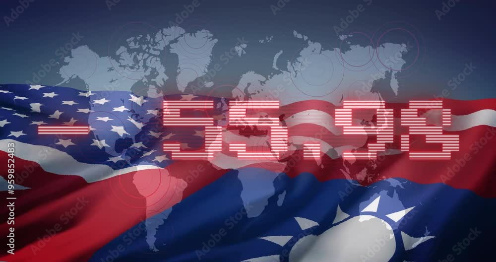 Digital numbers animation over flags of USA and Taiwan with world map ...