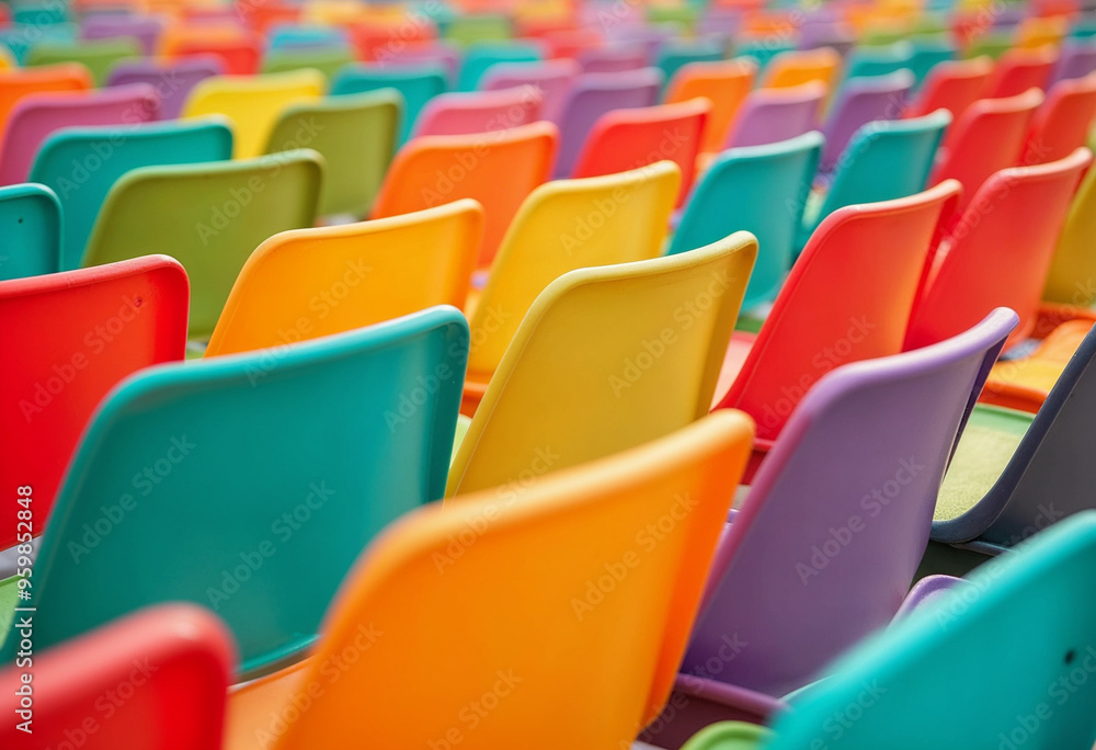 Naklejka premium Colorful plastic chairs arranged in rows from an elevated angle, with bright lighting and a neutral background