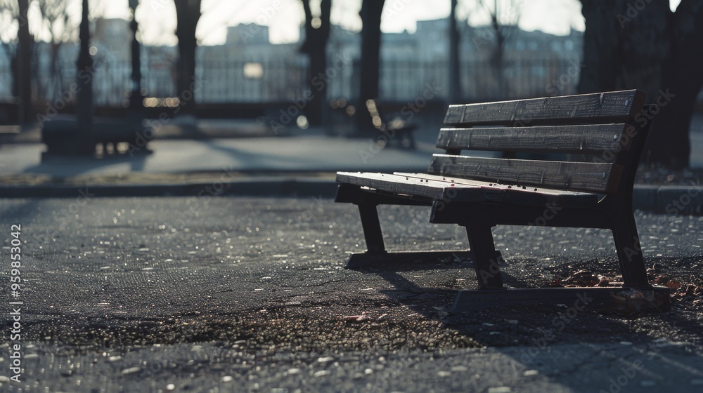 An empty park bench bathed in soft light, shadows cast by nearby trees, suggesting an early morning or late afternoon in a serene urban park. An empty park bench bathed in soft light, shadows cast by nearby trees, suggesting an early morning or late afternoon in a serene urban park.