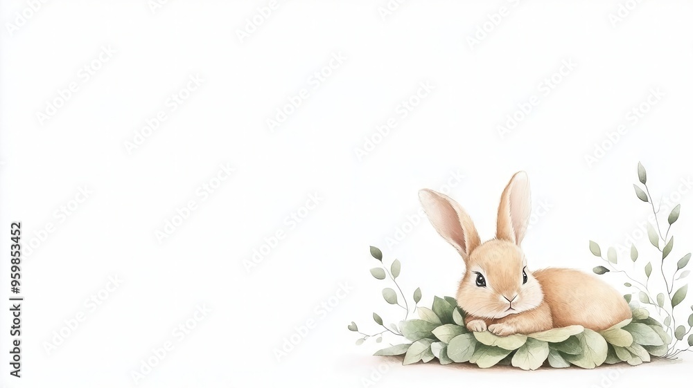 Bunny lying down with a leaf blanket, surrounded by soft greenery, watercolor nature illustration, white background with plenty of space for text Bunny lying down with a leaf blanket, surrounded by soft greenery, watercolor nature illustration, white background with plenty of space for text