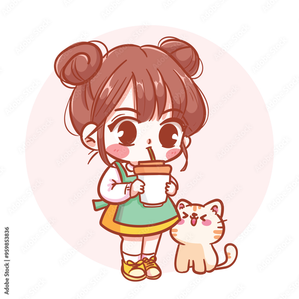 Charming young girl standing and drinking from a glass, with a cute little cat sitting beside her. Hand-drawn illustration and vector Charming young girl standing and drinking from a glass, with a cute little cat sitting beside her. Hand-drawn illustration and vector