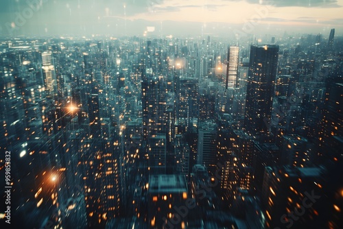 A Cityscape with Glowing Lights and Streaks of Light