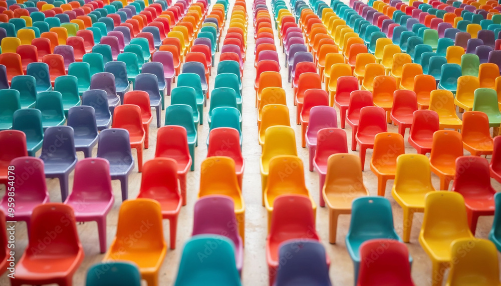 Fototapeta premium Colorful plastic chairs arranged in rows from an elevated angle, with bright lighting and a neutral background