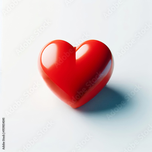 A red heart with a smooth, reflective surface that casts a soft shadow against a light background, creating a three-dimensional effect