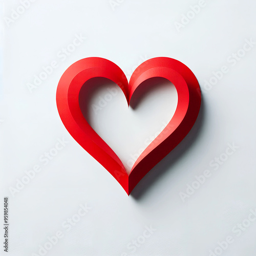 Red paper strip folded into a heart shape on a white background, with two identical curves converging at the bottom and diverging at the top