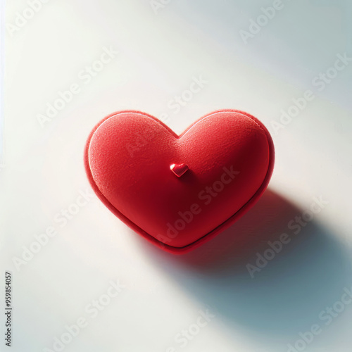 Red heart sofa cushion with a noticeable texture, made of leather or similar material, with a soft shadow on a light surface