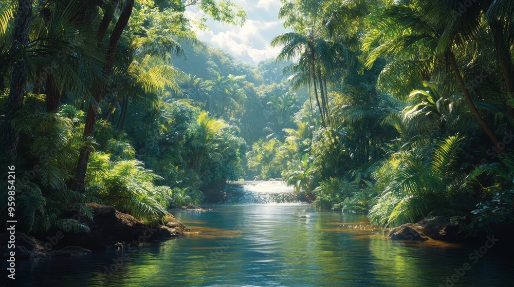 Obraz premium Serene Jungle River: Lush tropical paradise, sunlight filtering through dense foliage, reflecting on tranquil river. Tranquil escape, vibrant ecosystem.