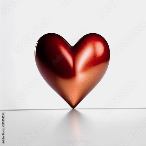 Volumetric pearlescent red heart with a reflective surface, located on a flat surface on a light background, with reflections from a light source