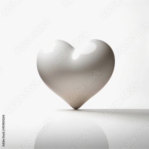 A voluminous white heart with a smooth surface and reflective qualities, casting a soft shadow on the surface