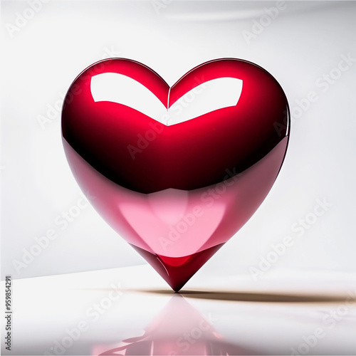 a voluminous burgundy heart with a reflective surface in shades of red and pink on a light background, creating depth in the image.
