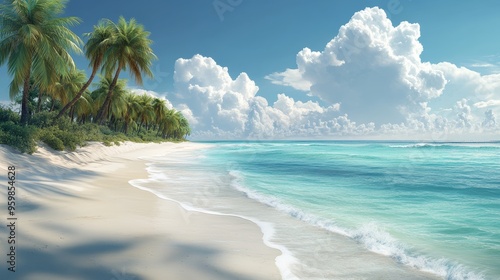 Tropical Paradise Beach Scene: Palm trees sway gently in the warm breeze on a pristine white sand beach, turquoise waters lapping the shore under a vibrant blue sky dotted with fluffy white clouds.