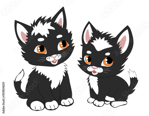 Two cute small black and white kittens. Cartoon vector illustration, isolated on white.