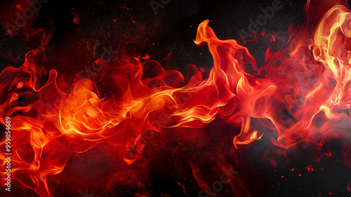 Dynamic orange and red flames lick upwards against a deep black background, creating a sense of power and destruction