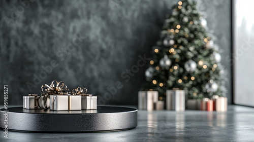 Black and silver podium with Christmas tree, gift boxes, and ribbons on a festive silver background. Horizontal Christmas background for poster, greeting cards, headers, website. New Year festive photo