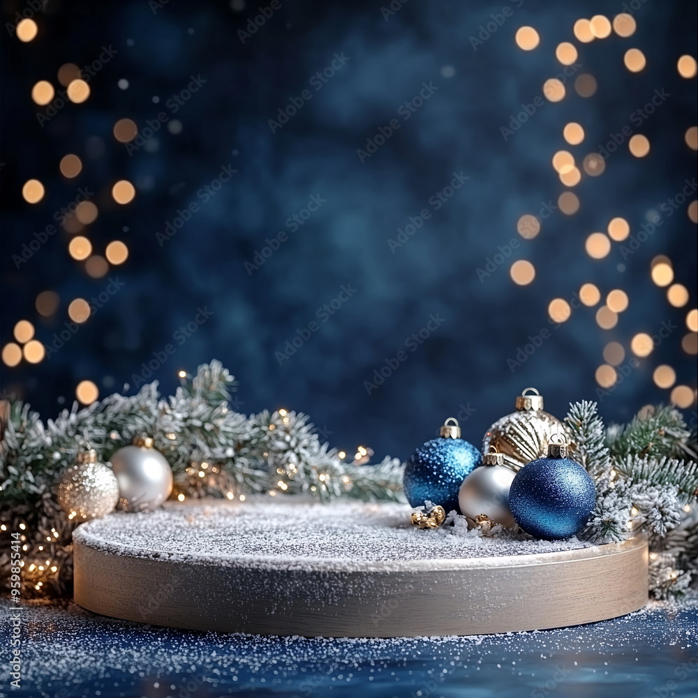 Christmas podium with silver and blue ornaments, snow, and twinkling ...