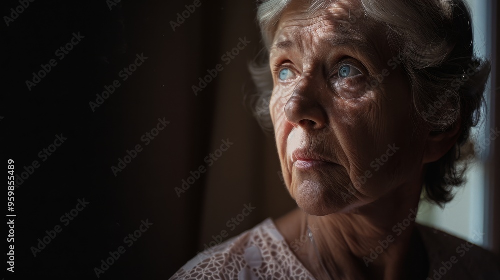 Elderly woman gazes pensively out a window, soft light highlighting the wrinkles of time on her thoughtful face. Elderly woman gazes pensively out a window, soft light highlighting the wrinkles of time on her thoughtful face.
