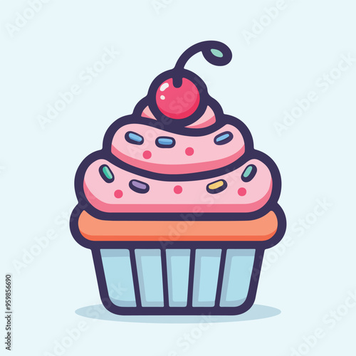 Delicious Cupcake with Whipped Cream and Cherry Sweet Dessert Vector Illustration