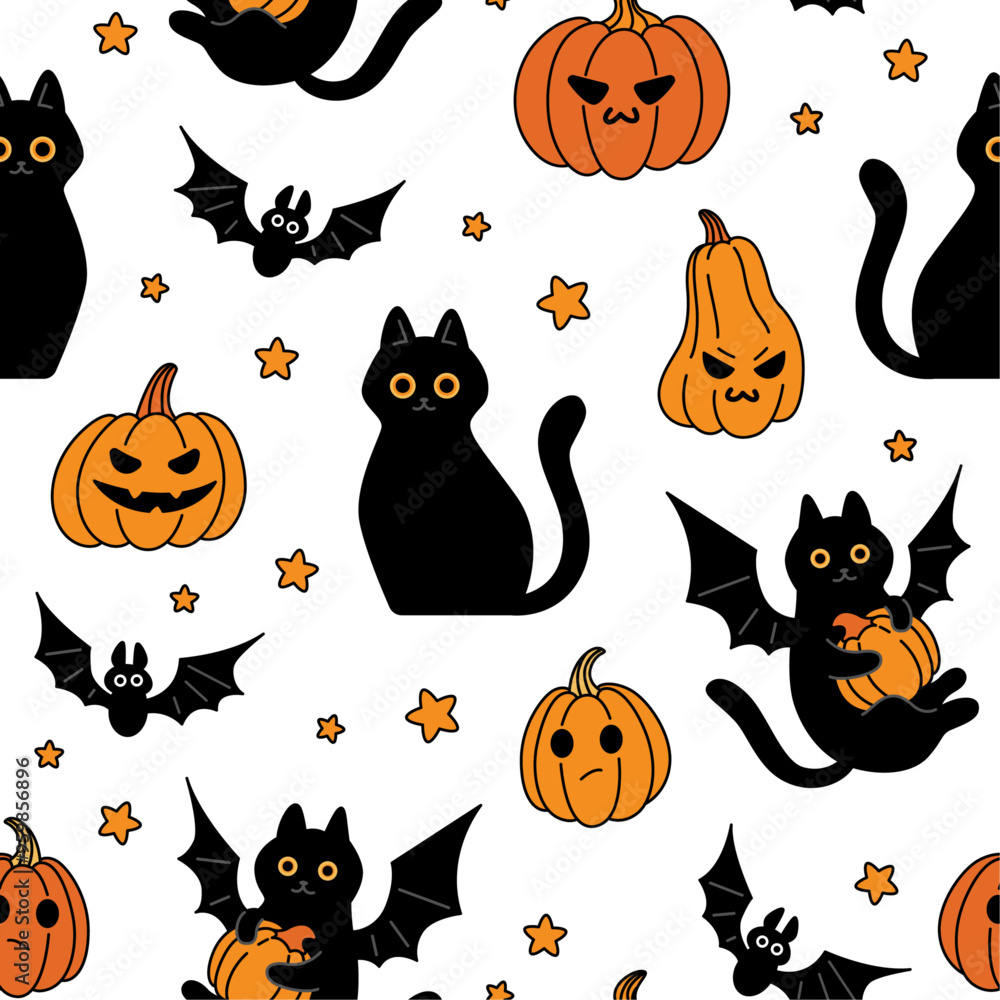 Halloween seamless pattern. Cats, bats and pumpkins. Vector background. Happy Halloween. Halloween seamless pattern. Cats, bats and pumpkins. Vector background. Happy Halloween.