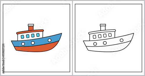 Simple kids coloring page featuring a fun boat design, perfect for young children to color.