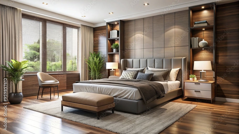 A calm retreat unfolds with plush bedding, sleek furniture, and abundant natural light, creating a serene atmosphere in A calm retreat unfolds with plush bedding, sleek furniture, and abundant natural light, creating a serene atmosphere in