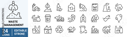 Waste Management web line icon. Recycling waste. Garbage disposal. Trash separation, waste sorting with further recycling. Editable stroke
