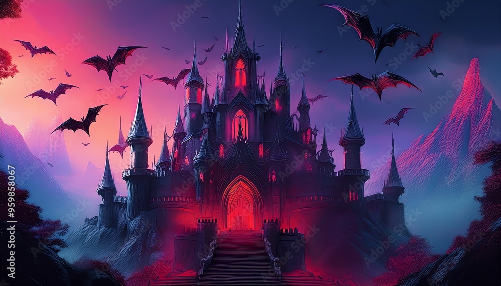 A dark, mystical castle towers against a vibrant twilight sky, surrounded by flying bats, creating an eerie, fantastical atmosphere. A dark, mystical castle towers against a vibrant twilight sky, surrounded by flying bats, creating an eerie, fantastical atmosphere.