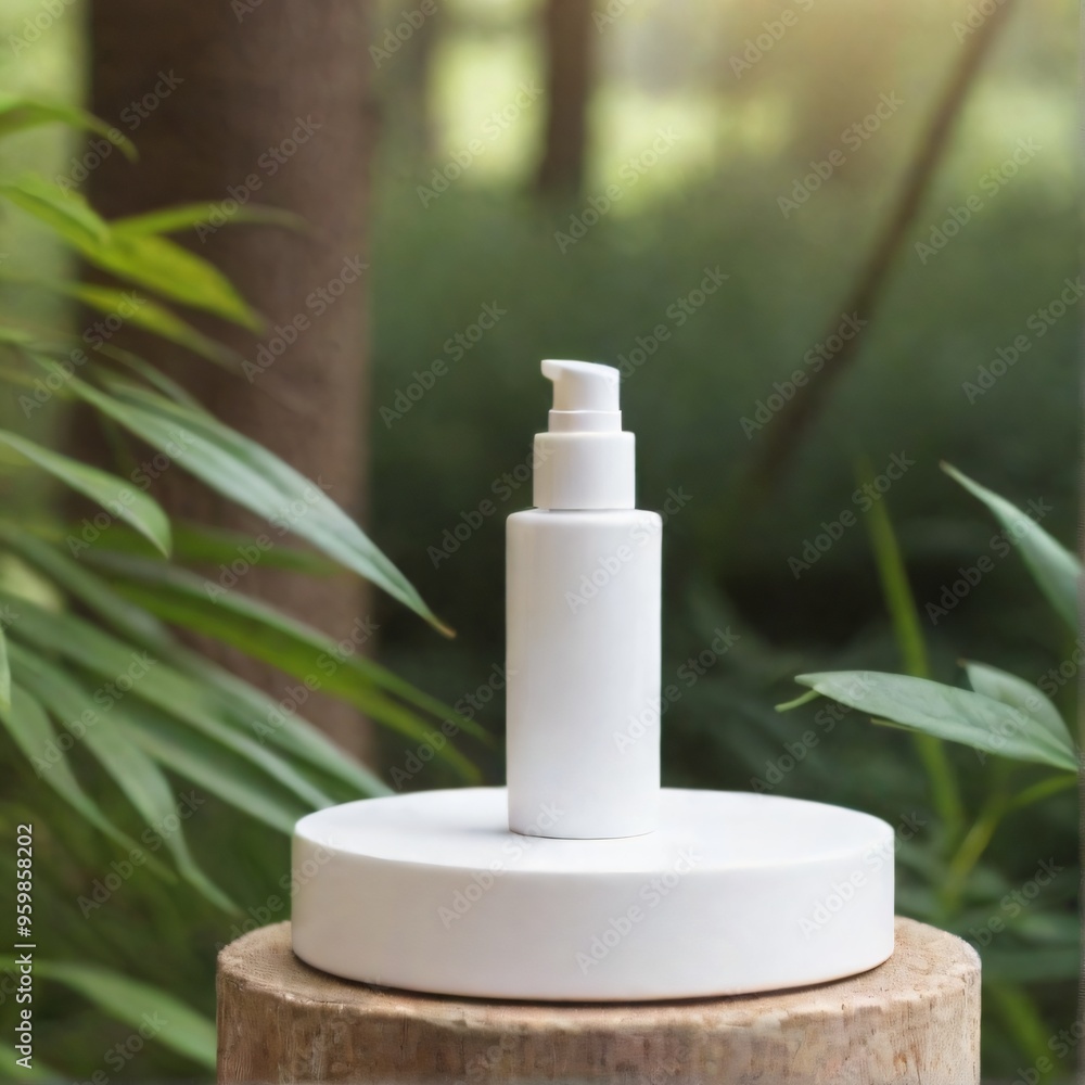 Minimalist White Cosmetic Bottle on Nature Background mockup Minimalist White Cosmetic Bottle on Nature Background mockup