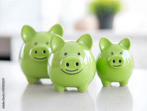Green Piggy Banks Symbolizing Eco-Friendly Savings and Financial Growth for Sustainable Living