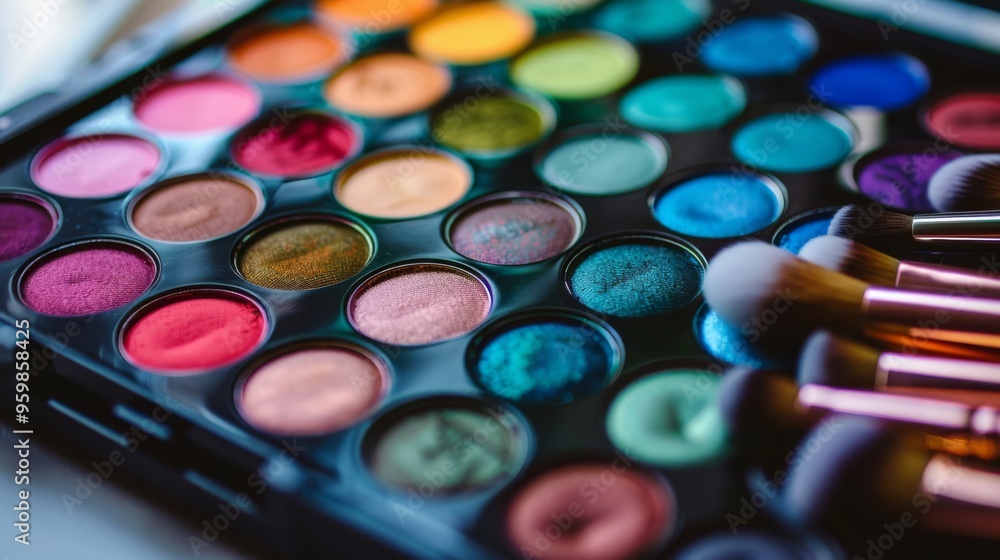 A vibrant palette of colorful eyeshadows and makeup brushes, showcasing a variety of shades for creative cosmetic applications. A vibrant palette of colorful eyeshadows and makeup brushes, showcasing a variety of shades for creative cosmetic applications.