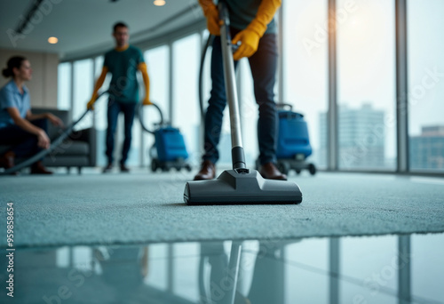 Close-up of a vacuum cleaner on an acrylic carpet in a high-rise corporate office photo