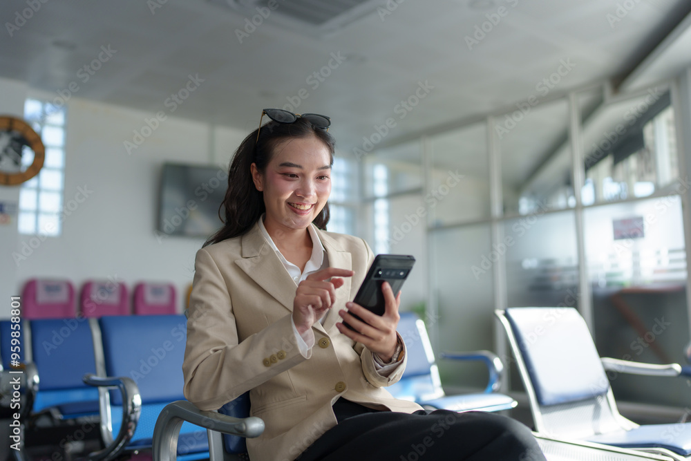 Female traveler in airport waiting for departure using smartphone to talk Relaxed contact Smiling businesswoman sitting with a luggage cart in the airport departure lounge.