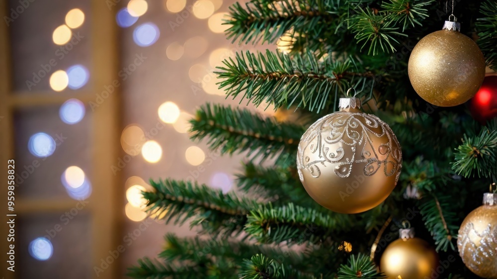 Obraz premium Tree with ornaments and bokeh effect background