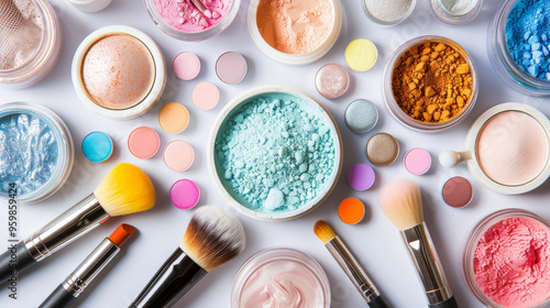 Colorful Makeup Products and Brushes on a White Background