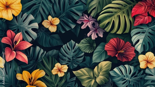 Tropical botanical pattern with vibrant jungle foliage and exotic flowers for fabric or wallpaper design.