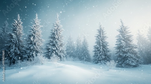 Wallpaper Mural Winter Wonderland: Snow covered pine trees in a magical winter forest. The scene is serene and peaceful, perfect for evoking feelings of tranquility and wonder. Torontodigital.ca