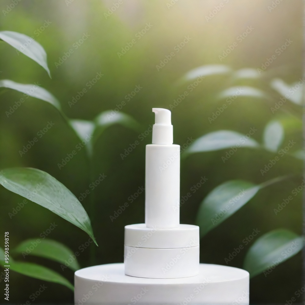 Minimalist White Cosmetic Bottle on Nature Background mockup Minimalist White Cosmetic Bottle on Nature Background mockup