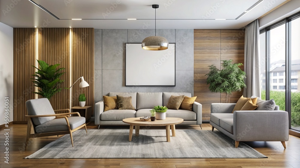A contemporary living room features plush seating arranged in a conversational circle in front of a vast, minimalist A contemporary living room features plush seating arranged in a conversational circle in front of a vast, minimalist