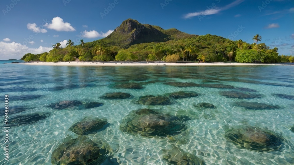 Fototapeta premium Tropical island lagoon featuring a sailing boat