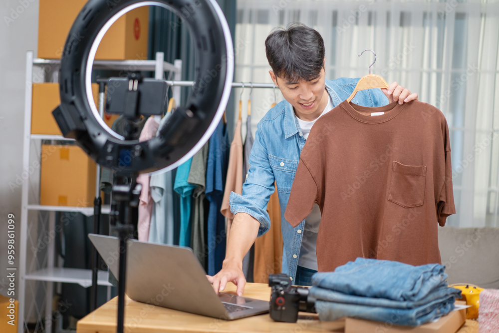 Fototapeta premium Young Asian man online shop entrepreneur, small business owner live streaming online sales in warehouse