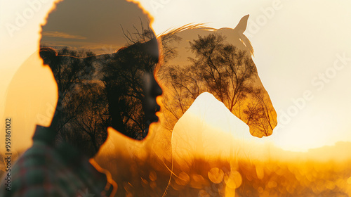 A double exposure of an African American man's head and the silhouette of his horse